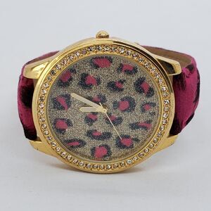 44MM Women's Watch Feathers Print Dial Bands Crystal Bezel Gold Case New Battery